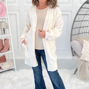 NWT Grace + Emma Cream Pearl Studded Button Cardigan WITH POCKETS S/M